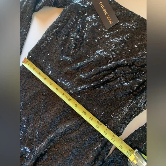 Sequin Cocktail Dress Long, Tadashi Shoji Stretch Black & Copper. Long Sleeve - Picture 10 of 14